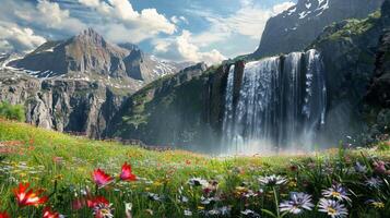 ein Wasserfall im das Berge mit ein Grün Feld foto