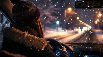 ein jung Frau Fahren genießen das Winter Nacht foto