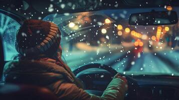 ein jung Frau Fahren genießen das Winter Nacht foto