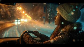 ein jung Frau Fahren genießen das Winter Nacht foto