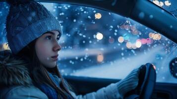 ein jung Frau Fahren genießen das Winter Nacht foto