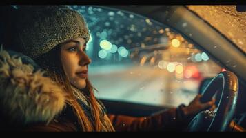 ein jung Frau Fahren genießen das Winter Nacht foto