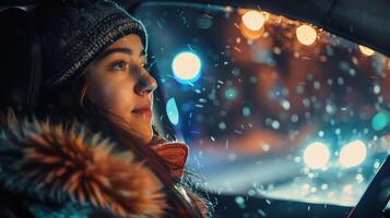 ein jung Frau Fahren genießen das Winter Nacht foto