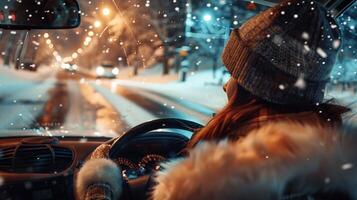 ein jung Frau Fahren genießen das Winter Nacht foto