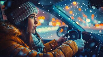 ein jung Frau Fahren genießen das Winter Nacht foto