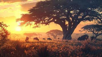 Afrika Savanne beim Sonnenuntergang Tiere grasen uralt foto