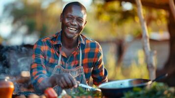 afrikanisch Mann Kochen draußen lächelnd genießen foto