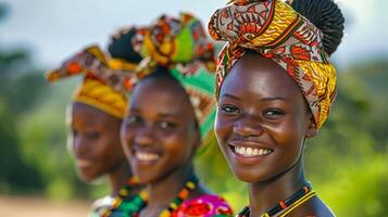 afrikanisch Frauen lächelnd tragen traditionell Kleidung foto