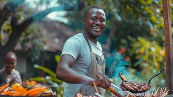 afrikanisch Mann Kochen draußen lächelnd genießen foto