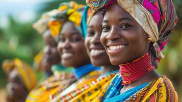 afrikanisch Frauen lächelnd tragen traditionell Kleidung foto