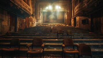 uralt Auditorium leeren Bühne alt Stuhl erleuchten foto