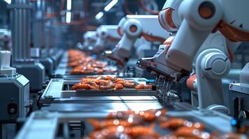 automatisiert Essen Produktion Linie mit Roboter mach foto