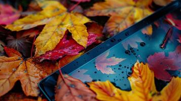 Herbst Blätter im Tablette Anzeige Technologie foto