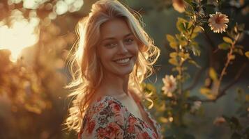 schön blond Frau im ein Blumen- Kleid lächelnd foto