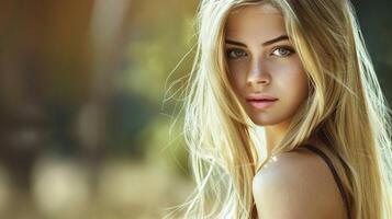 schön Mode Modell- mit lange blond Haar aussehen foto
