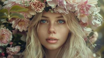 schön Frau mit lange blond Haar und ein Blume foto