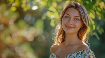 schön jung Frau im ein Sommer- Kleid lächelnd foto