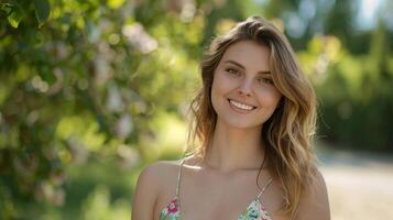 schön jung Frau im ein Sommer- Kleid lächelnd foto