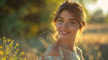 schön jung Frau im ein Sommer- Kleid lächelnd foto