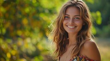 schön jung Frau im ein Sommer- Kleid lächelnd foto