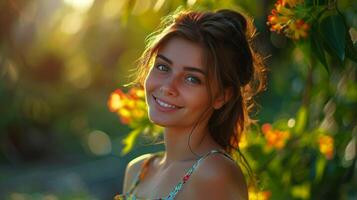 schön jung Frau im ein Sommer- Kleid lächelnd foto