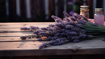 Tabelle mit Lavendel. Bündel von lila Blumen auf rustikal Hintergrund mit Kopieren Raum zum Geschäft Produkt Präsentation und Vorlage. natürlich hölzern Bretter foto