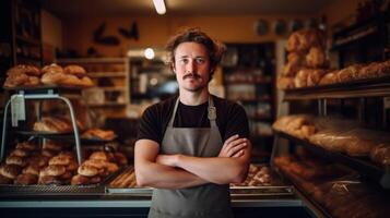 Inhaber von klein Bäckerei. Erwachsene Mann steht beim Zähler mit Gebäck und Brot. klein Geschäft und arbeiten. foto