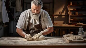 Bäcker knetet das Teig zum Brot oder Kuchen. Arbeit im Bäckerei. Porträt von Erwachsene Mann mit Bart im klein Geschäft. foto