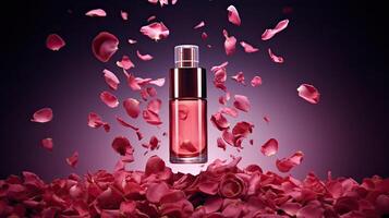 Parfüm mit Duft von Rosen. Konzept von Zärtlichkeit und Weiblichkeit. Rosa Glas Parfüm Flasche. kosmetisch Produkt unter das Blütenblätter von Blumen. foto