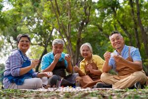 ein Gruppe von asiatisch Senior Menschen genießen Gemälde Kaktus Töpfe und Freizeit Aktivität oder Therapie draußen zusammen beim ein Alten Gesundheitswesen Center, Lebensstil Konzepte Über Dienstalter foto