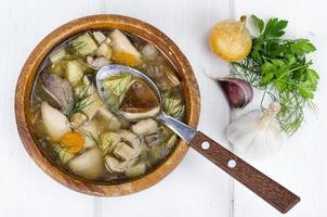 köstliche hausgemachte Suppe mit Waldpilzen. Studiofoto. foto