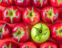 einzigartig Grün Apfel im ein Linie von rot Äpfel hoch Kontrast Hintergrund foto