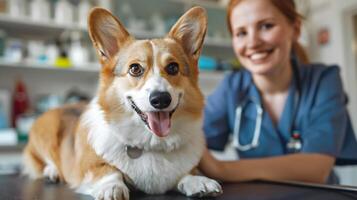 ein Corgi sitzt auf Untersuchung Tabelle und weiblich Arzt im ein Tierarzt Untersuchung Zimmer foto