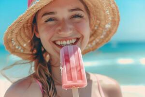 Porträt von ein jung lächelnd Frau Essen ein Eis am Stiel Eis Sahne auf heiß Sommer- Tag beim das Strand foto