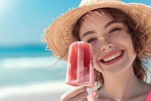 Porträt von ein jung lächelnd Frau Essen ein Eis am Stiel Eis Sahne auf heiß Sommer- Tag beim das Strand foto