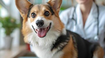 ein Corgi sitzt auf Untersuchung Tabelle und weiblich Arzt im ein Tierarzt Untersuchung Zimmer foto