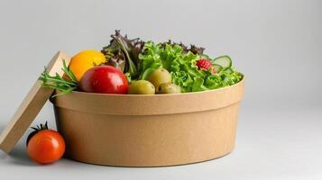 nehmen Weg Salat im Einweg Kunst Papier Schüssel auf Weiß Hintergrund, Essen Konzept Attrappe, Lehrmodell, Simulation foto