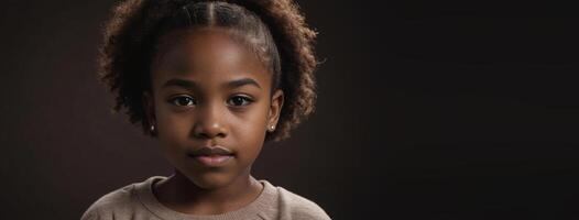 ein afrikanisch amerikanisch jugendlich Mädchen isoliert auf ein dunkel braun Hintergrund mit Kopieren Raum. foto
