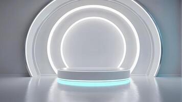 abstrakt scheinen Silber Zylinder Sockel Podium. Sci-Fi Weiß leeren Zimmer Konzept mit halb Kreis glühend Neon- Beleuchtung. Rendern 3d Form, Produkt Anzeige Präsentation. futuristisch Mauer Szene. foto