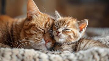 Mutter Katze gekuschelt oben mit ihr Kätzchen im ein gemütlich, warm Bett. mütterlicherseits Pflege, Mütter Tag foto