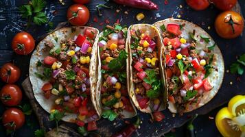Mexikaner Tacos mit Gemüse, Fleisch, Mais, und frisch Kräuter, auf ein rustikal hölzern Tafel. foto