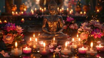 Buddha Statue im aufwendig Tempel. Kerzen, Blumen, und Angebote. Vesak, Buddha Purnima foto