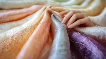 Hand Auswahl zart Seiden Stoff Proben von Pastell- Töne zum maßgeschneidert Kleidung foto