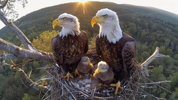 majestätisch kahl Adler und Adlerjunge im ihr Nest. Biodiversität, Vögel beobachten, Tierwelt. foto