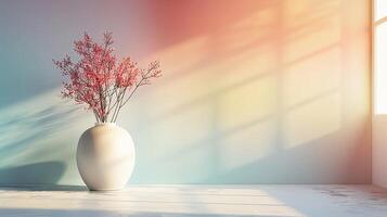 elegant Kirsche Blüten im ein Weiß Vase. Sanft Morgen Licht durch Fenster. Kopieren Raum foto