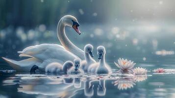 Schwan Mutter Lehren ihr cygnets zu schwimmen auf ein heiter See. mütterlicherseits Pflege, Mathematiker Tag foto