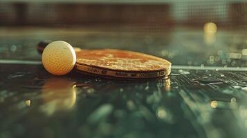 Nahansicht von ein Tabelle Tennis Paddel und Ball auf das Tisch. Sommer- olympisch Spiele, Sport Ausrüstung. foto