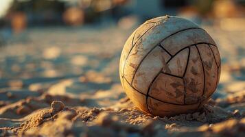 Nahansicht von ein Strand Volleyball Lügen auf das Sand. aktiv Sommer- Urlaub, olympisch Spiele. Cory Raum foto