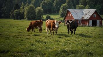 Kühe Weiden lassen im ein üppig Grün Weide auf ein Bauernhof. Rinder Stand entspannt auf das Gras beim das Bauernhof. foto