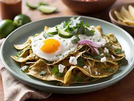 ein köstlich Mexikaner Chilaquilen. ein köstlich Frühstück Teller mit gebraten Eier und knusprig Speck foto